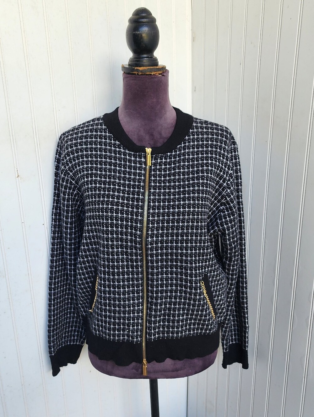 Ont Welfth Black White Viscose Nylon Knit Sweater Cardigan Full Gold Zip Sz XL